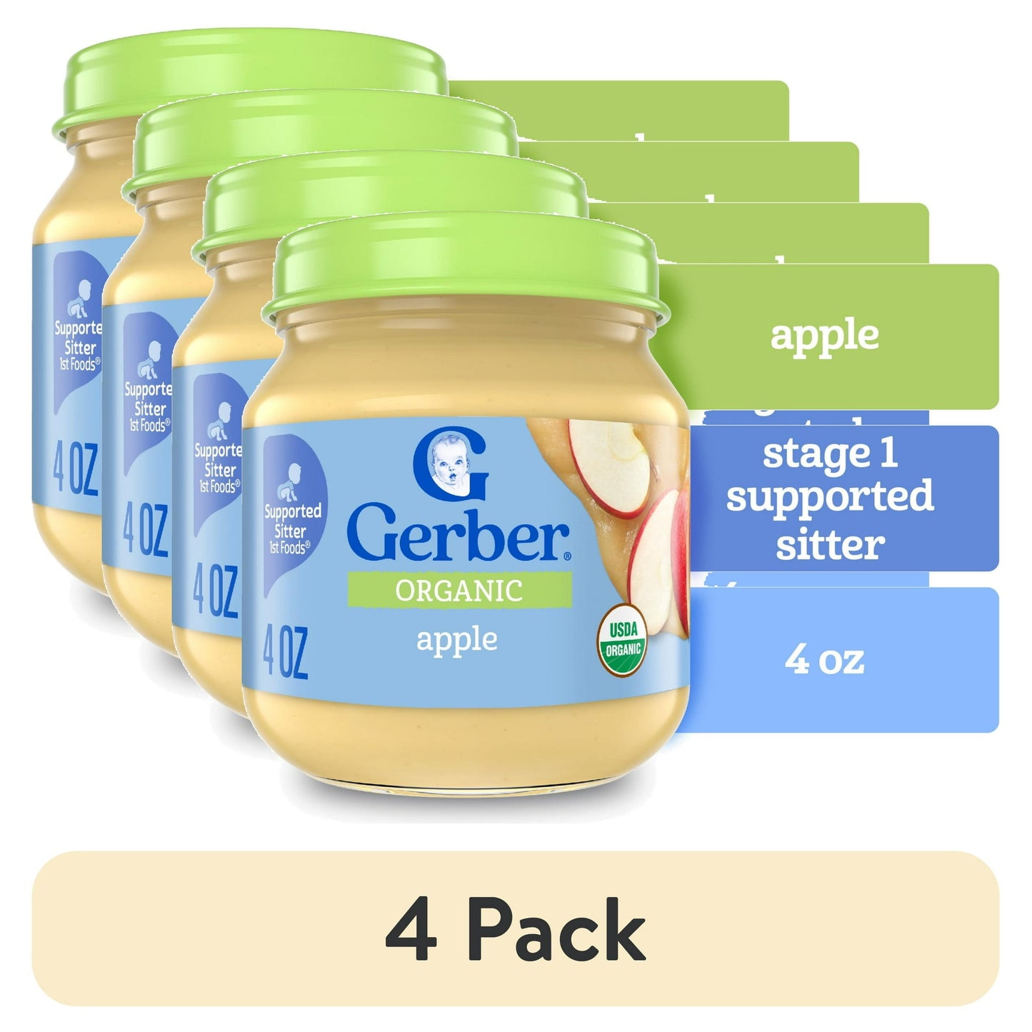 Four jars of Organic baby food with green lids on a white background
