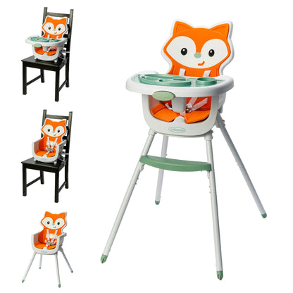 Fox-themed high chair with additional seat and stand on a white background