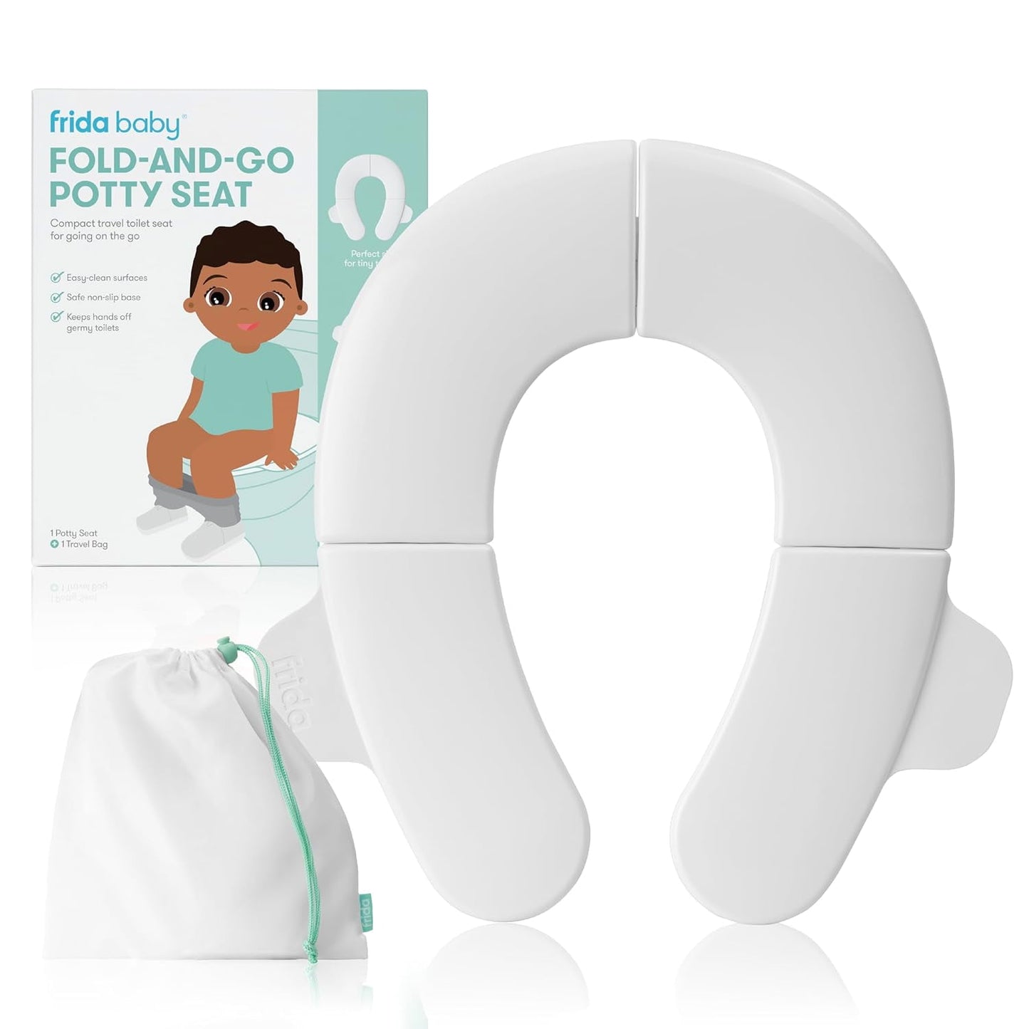 A white foldable potty seat, its packaging box, and a white travel bag are displayed on a white background