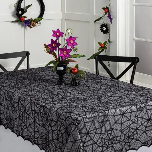 60"x84" Lace Halloween Tablecloth - Hyde and EEK! Boutique: Eerie Cobweb Design, Polyester Fabric, Festive Dining Decor