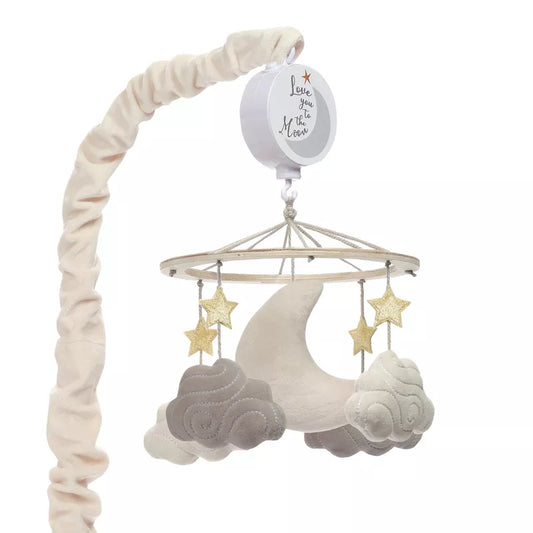 A baby crib mobile with a moon, stars, and clouds suspended from a musical arm