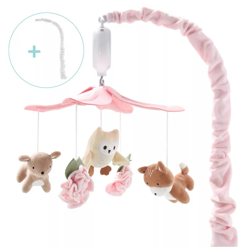 A pink baby musical crib mobile with hanging plush animals and felt flowers