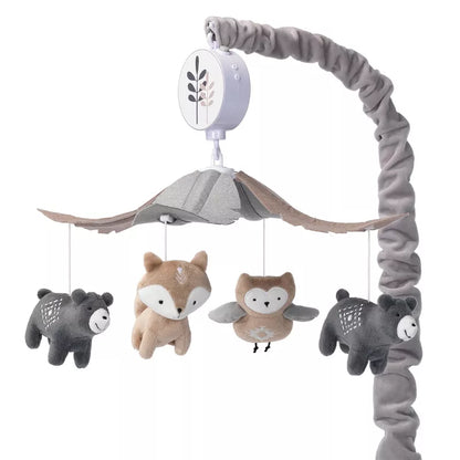 A baby musical crib mobile with hanging plush woodland animals and a leaf-themed music box