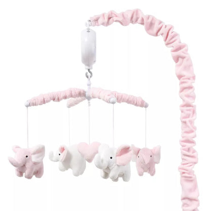 A baby crib mobile with pink and white elephant figures hanging from a pink-covered arm