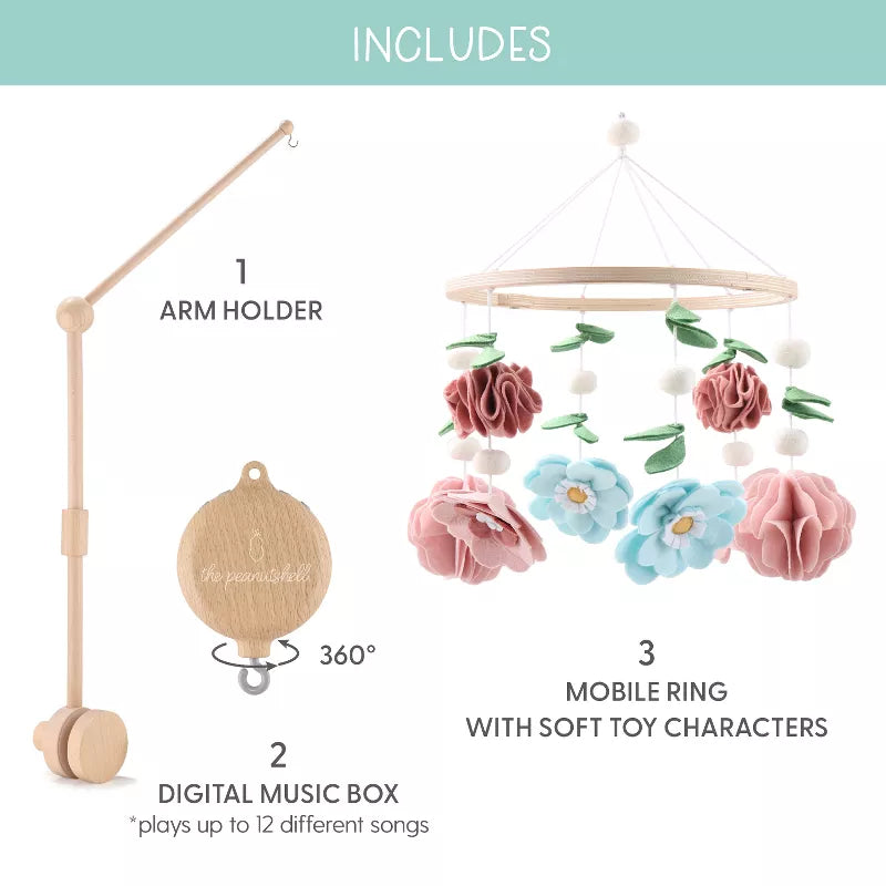 Baby crib mobile components: arm holder, digital music box, and mobile ring with soft toy characters