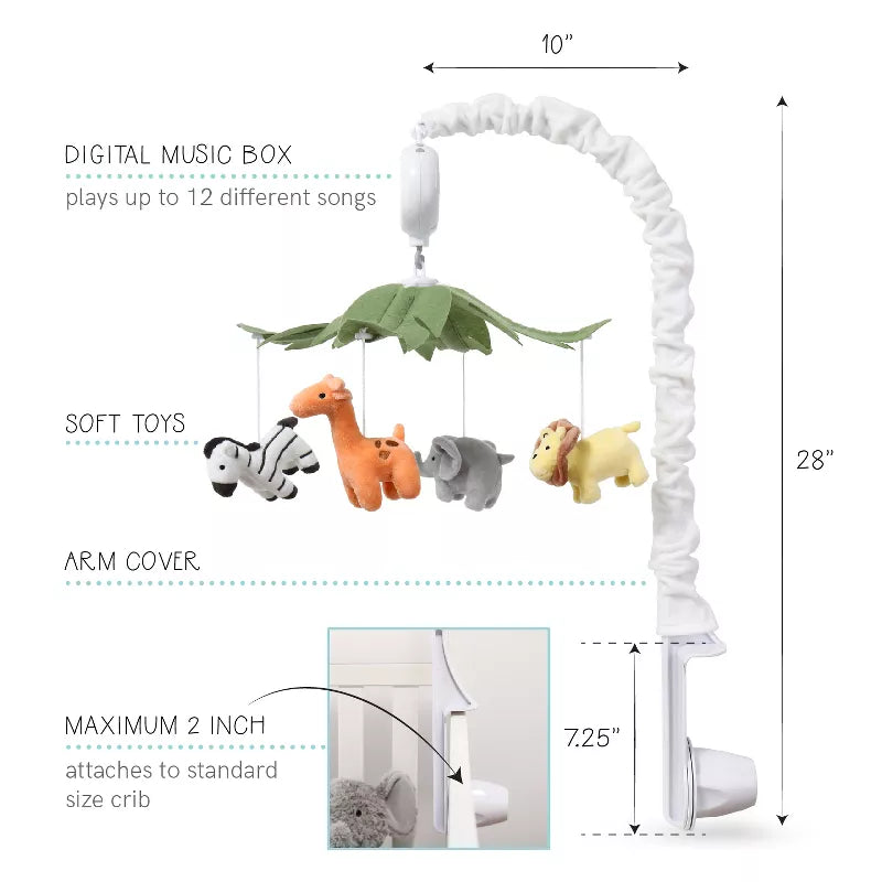 This image displays a baby crib mobile with hanging safari animal toys and dimensional details
