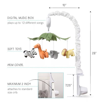 This image displays a baby crib mobile with hanging safari animal toys and dimensional details