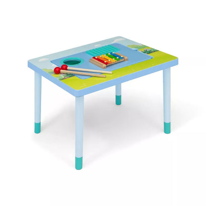 A blue and green children's activity table with a built-in xylophone and mallets