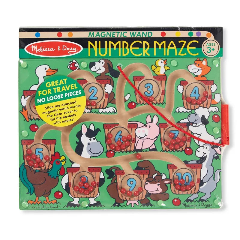 A magnetic wand number maze featuring farm animals and numbered baskets