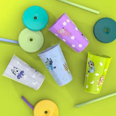 Zak Designs 4pk 16.5 fl oz - Plastic Bluey Straw Tumbler Set: Kids & Toddler Cups, Dishwasher-Safe, Multicolor