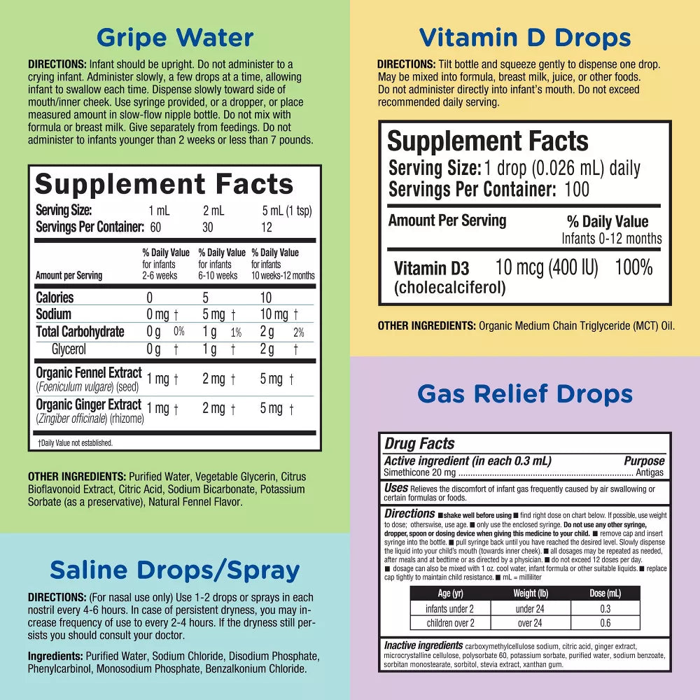 Image displayin g text about ingredients and instruction of a baby essentials set