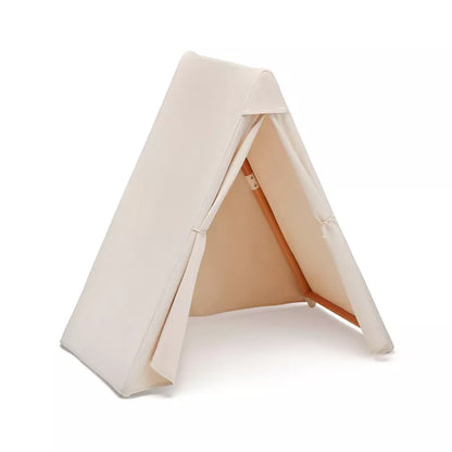 A light-colored, A-frame indoor play tent with a wooden frame and fabric cover on a white background