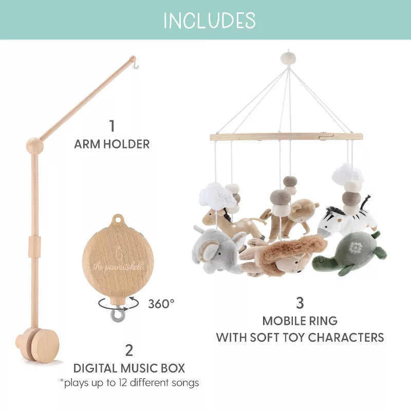 The image displays a baby musical crib mobile set, including an arm holder, digital music box, and mobile ring with soft toy characters
