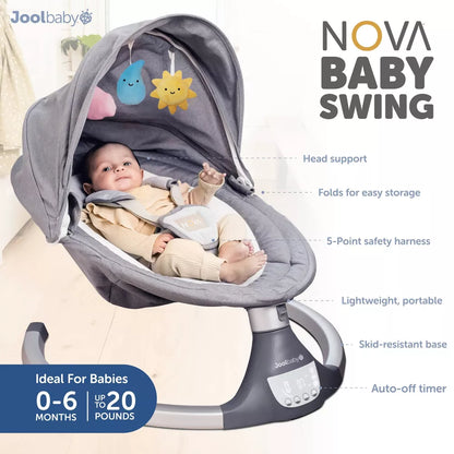 Image displaying a baby in a baby bouncer swing with text