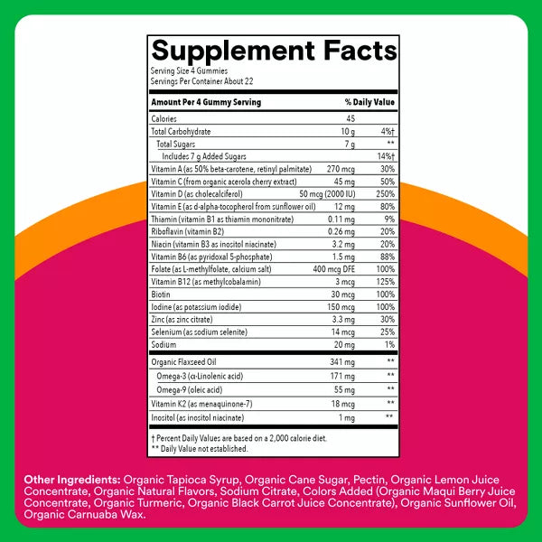 SmartyPants Organic Women's Multi & Vegetarian Omega 3 Gummy Vitamins with D3, C & B12 - 90 ct