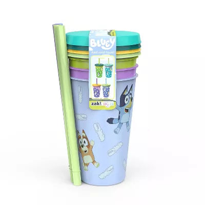 Zak Designs 4pk 16.5 fl oz - Plastic Bluey Straw Tumbler Set: Kids & Toddler Cups, Dishwasher-Safe, Multicolor