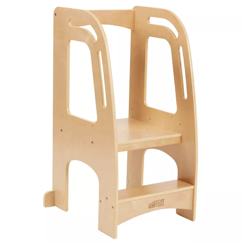 A natural wood children's learning tower or kitchen helper stool