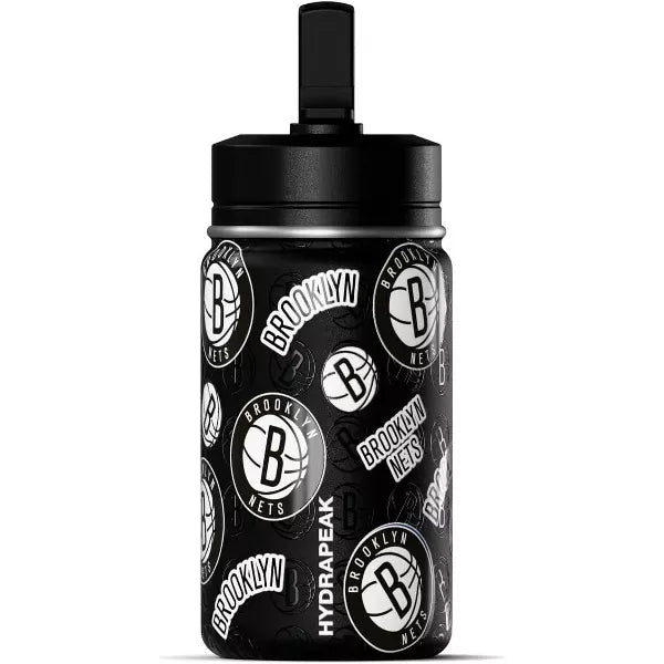 NBA Brooklyn Nets 14oz Kids Stainless Steel Water Bottle With Straw Lid and Flexible Handle