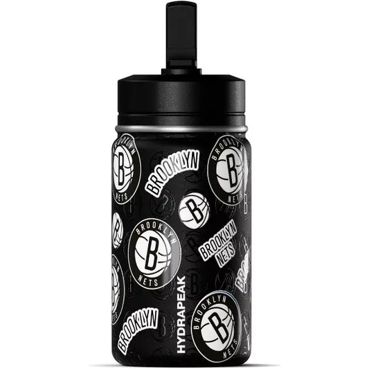 NBA Brooklyn Nets 14oz Kids Stainless Steel Water Bottle With Straw Lid and Flexible Handle