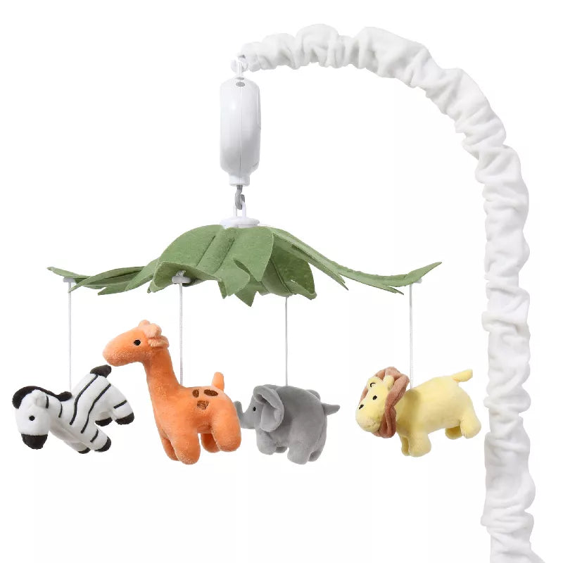 A baby crib mobile with plush safari animals