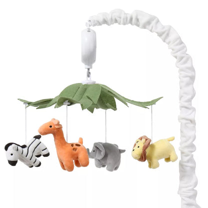 A baby crib mobile with plush safari animals