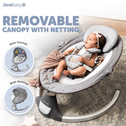 Image displaying a baby in a baby bouncer swing with text