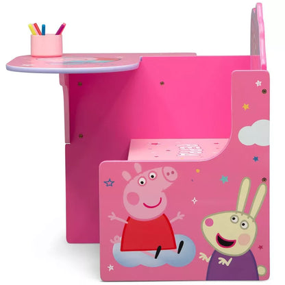 A pink children's chair desk with Peppa Pig and rabbit characters, featuring a cup holder and storage