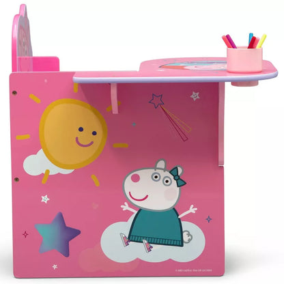 A pink child's chair desk with storage, decorated with cartoon sun and character on clouds