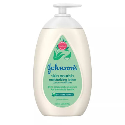 Johnson's Skin Nourish Moisturizing Baby Body Lotion, Aloe Scent & Vitamin E, Gentle & Lightweight -16.9 fl oz