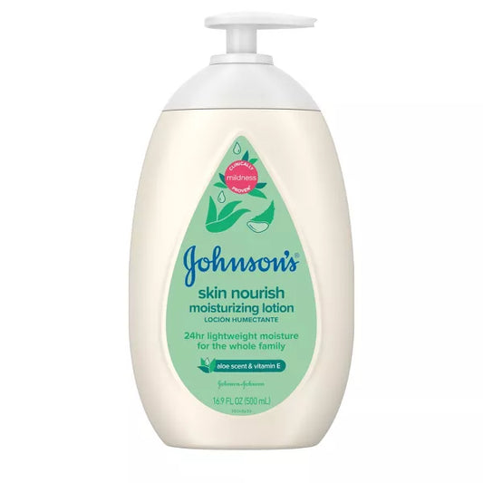 Johnson's Skin Nourish Moisturizing Baby Body Lotion, Aloe Scent & Vitamin E, Gentle & Lightweight -16.9 fl oz