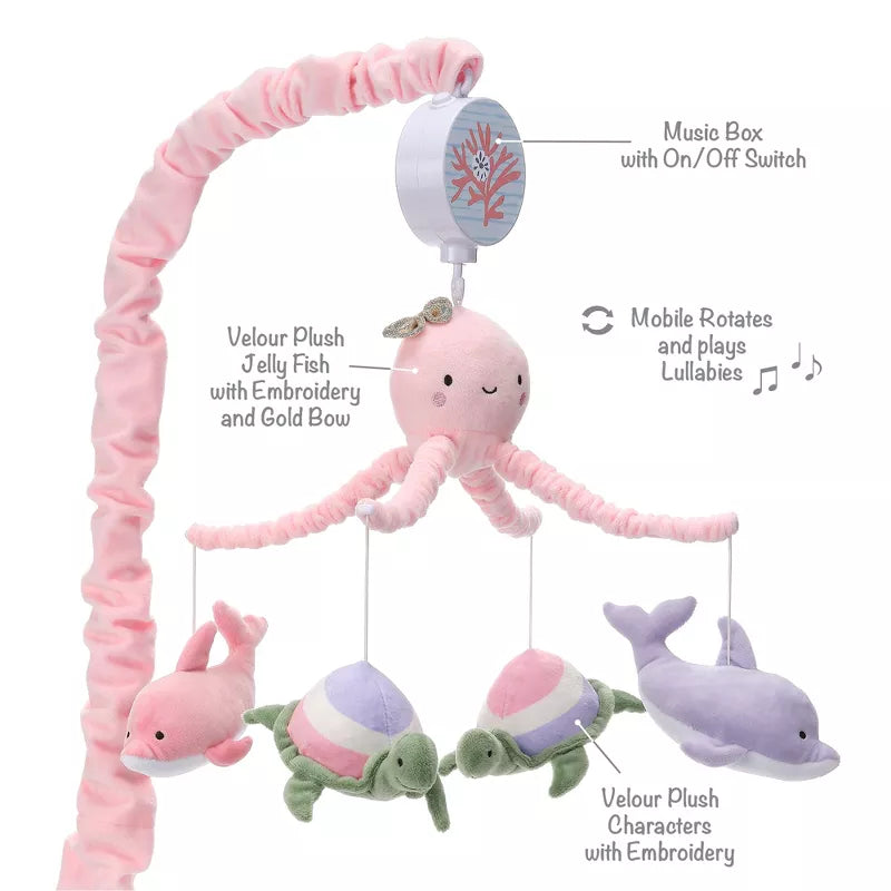 A baby crib mobile featuring a pink octopus, two turtles, two dolphins, and a music box and it's features are displayed