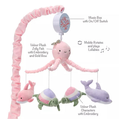 A baby crib mobile featuring a pink octopus, two turtles, two dolphins, and a music box and it's features are displayed