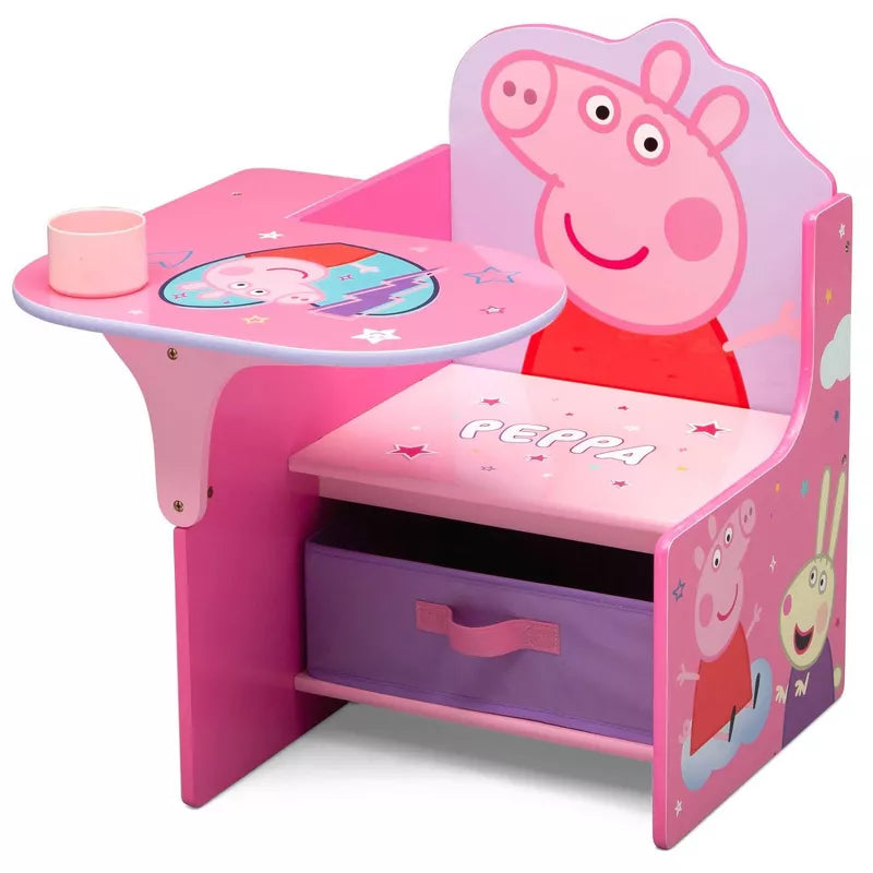 A pink child's chair desk with a built-in cup holder, featuring a pull-out storage bin
