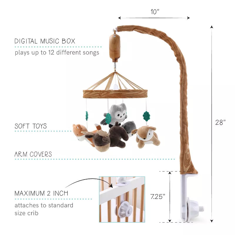 A baby musical crib mobile with soft woodland animal toys, a digital music box, and a crib attachment arm