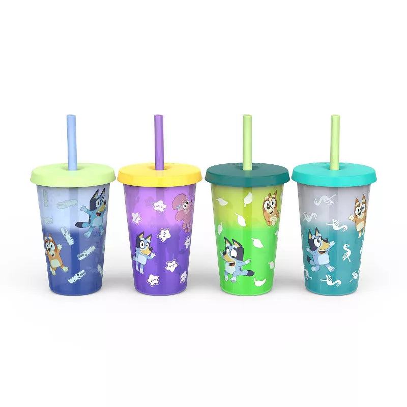 Zak Designs 4pk 16.5 fl oz - Plastic Bluey Straw Tumbler Set: Kids & Toddler Cups, Dishwasher-Safe, Multicolor
