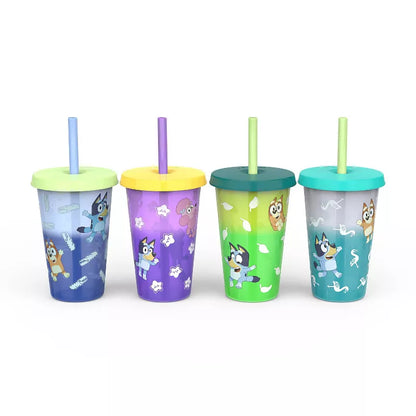 Zak Designs 4pk 16.5 fl oz - Plastic Bluey Straw Tumbler Set: Kids & Toddler Cups, Dishwasher-Safe, Multicolor