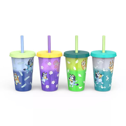 Zak Designs 4pk 16.5 fl oz - Plastic Bluey Straw Tumbler Set: Kids & Toddler Cups, Dishwasher-Safe, Multicolor