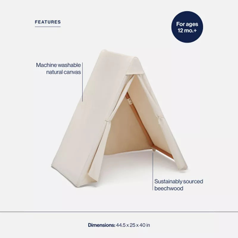 An A-frame play tent for children, made of natural canvas and wood and its features are displayed in blue text
