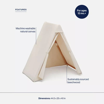 An A-frame play tent for children, made of natural canvas and wood and its features are displayed in blue text