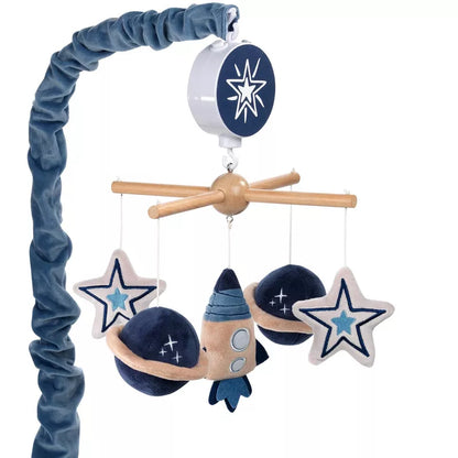 A musical baby crib mobile featuring a rocket, planets, and stars, designed for soothing infants