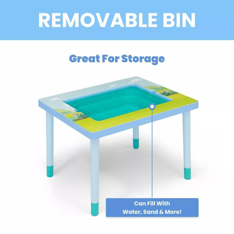 A light blue and green kids' activity table with a removable bin for water, sand, or storage