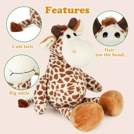 Image displaying a soft plush stuffed animal toy and text about it's details