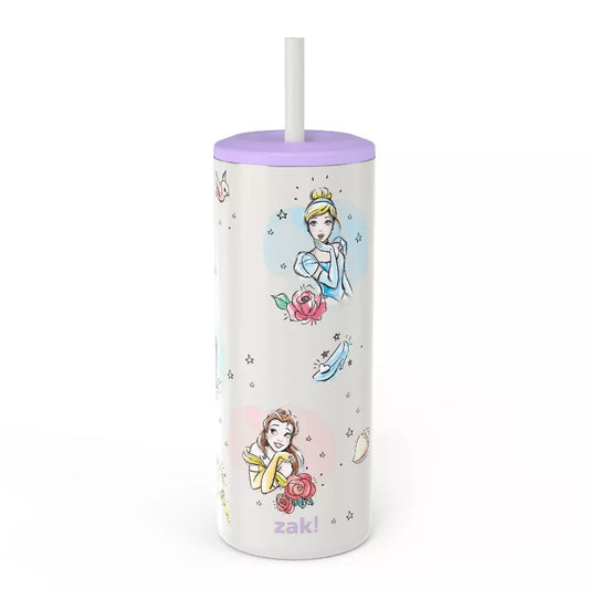 Zak Designs Vacuum Straw Portable Drinkware 'Princess' - Kids Tumbler, Disney Princess, Stainless Steel,16oz