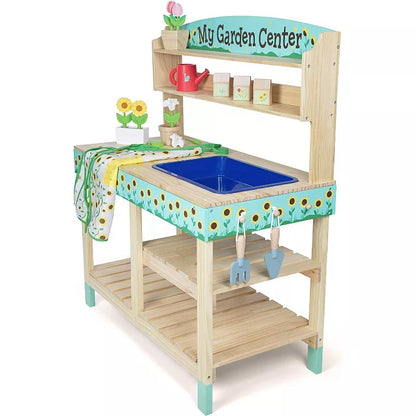 Wooden toy gardening center playset with sink, shelves, and gardening tools for kids