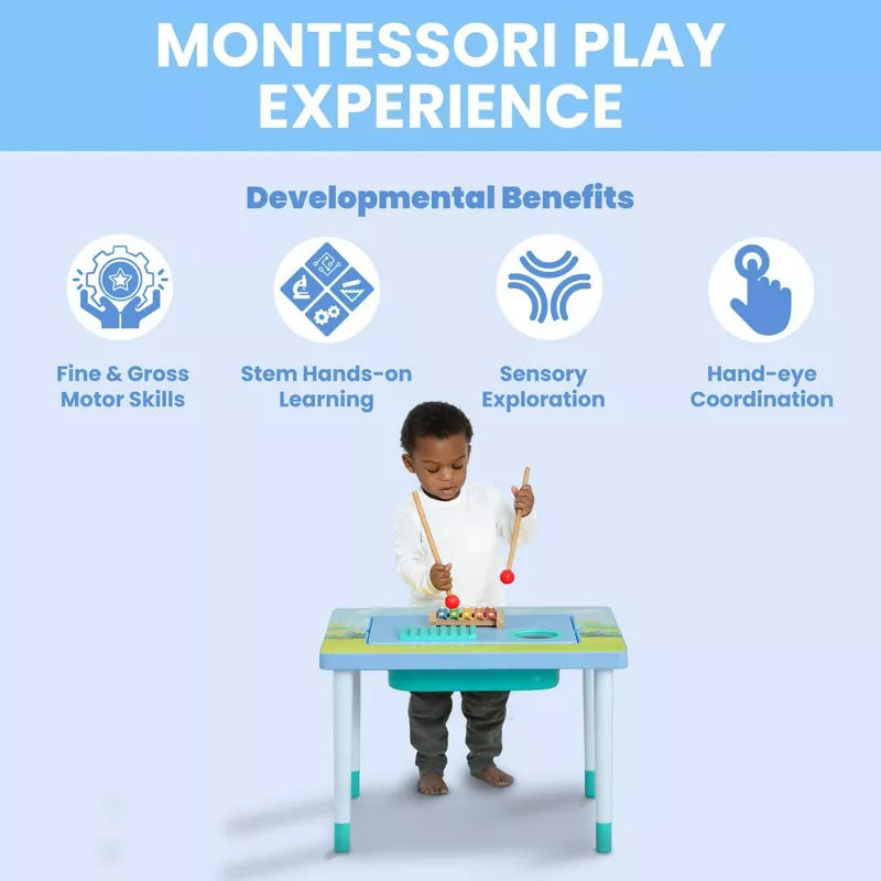A child playing at a activity table, with blue text headers above displaying the table's features