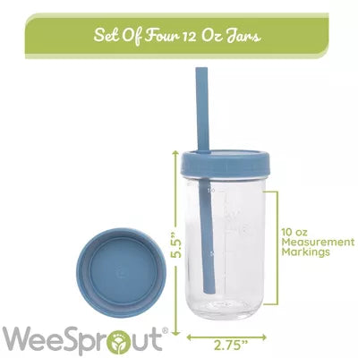 WeeSprout Glass Cups with Lids & Straws, Spill-Resistant Cups for Toddlers & Kids, Set of 4 - 8 Oz