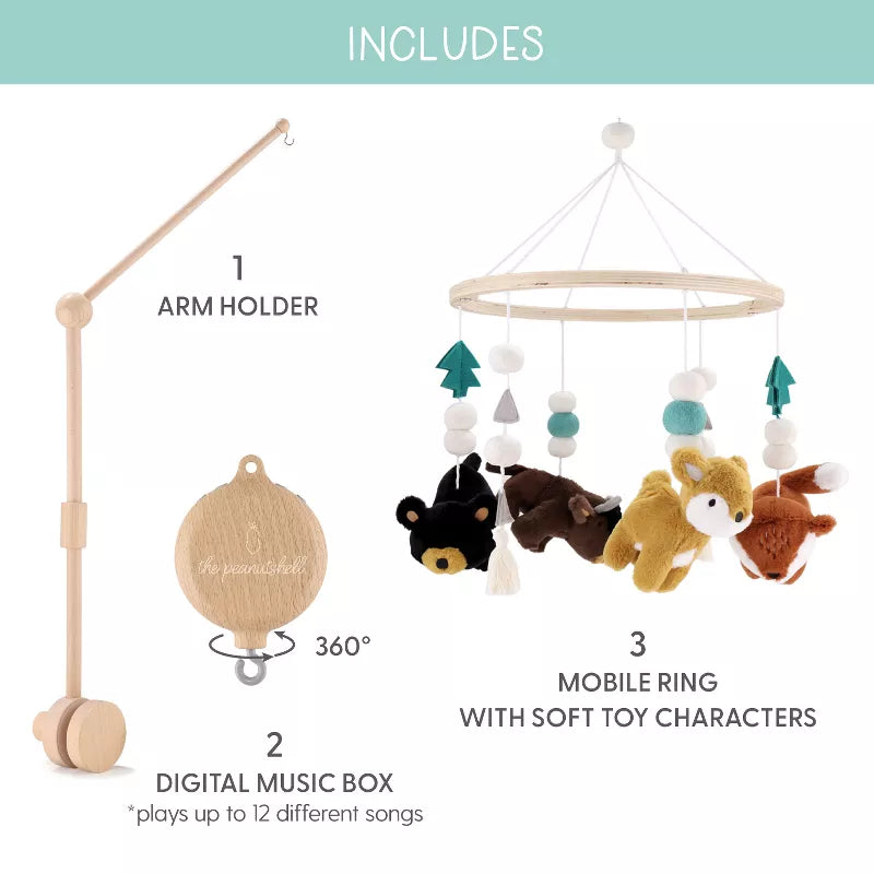 A wooden crib mobile featuring an arm holder, digital music box, and mobile ring with soft toy animals