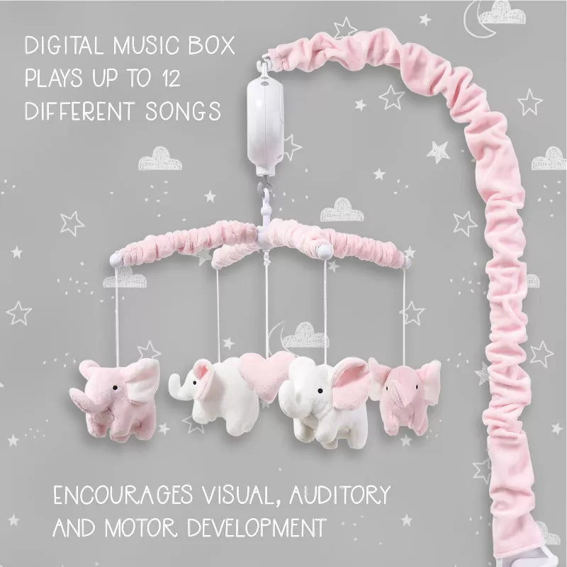 A pink baby crib mobile with hanging elephant plush toys against a grey background with clouds, Stars and Text in white color