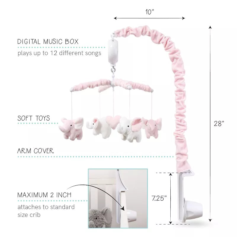 A baby crib mobile with hanging soft elephant toys, a music box, and attachment details for a crib