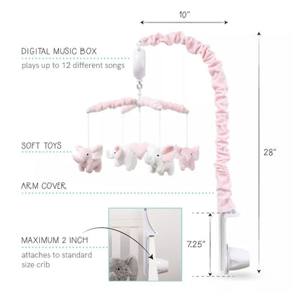 A baby crib mobile with hanging soft elephant toys, a music box, and attachment details for a crib